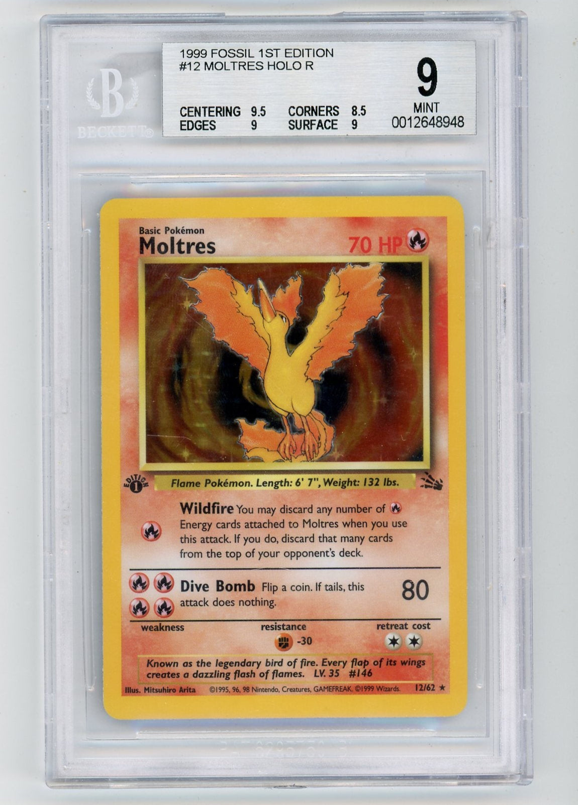Trading Card Game Moltres 1999 Fossil 1st Edition Holo #12/62 BGS 9 – Official TCG Product