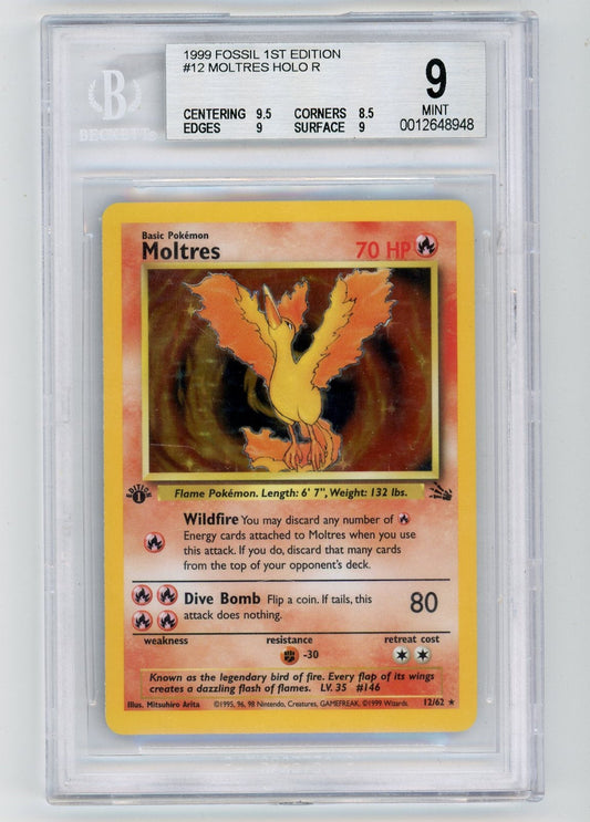 Trading Card Game Moltres 1999 Fossil 1st Edition Holo #12/62 BGS 9 – Official TCG Product